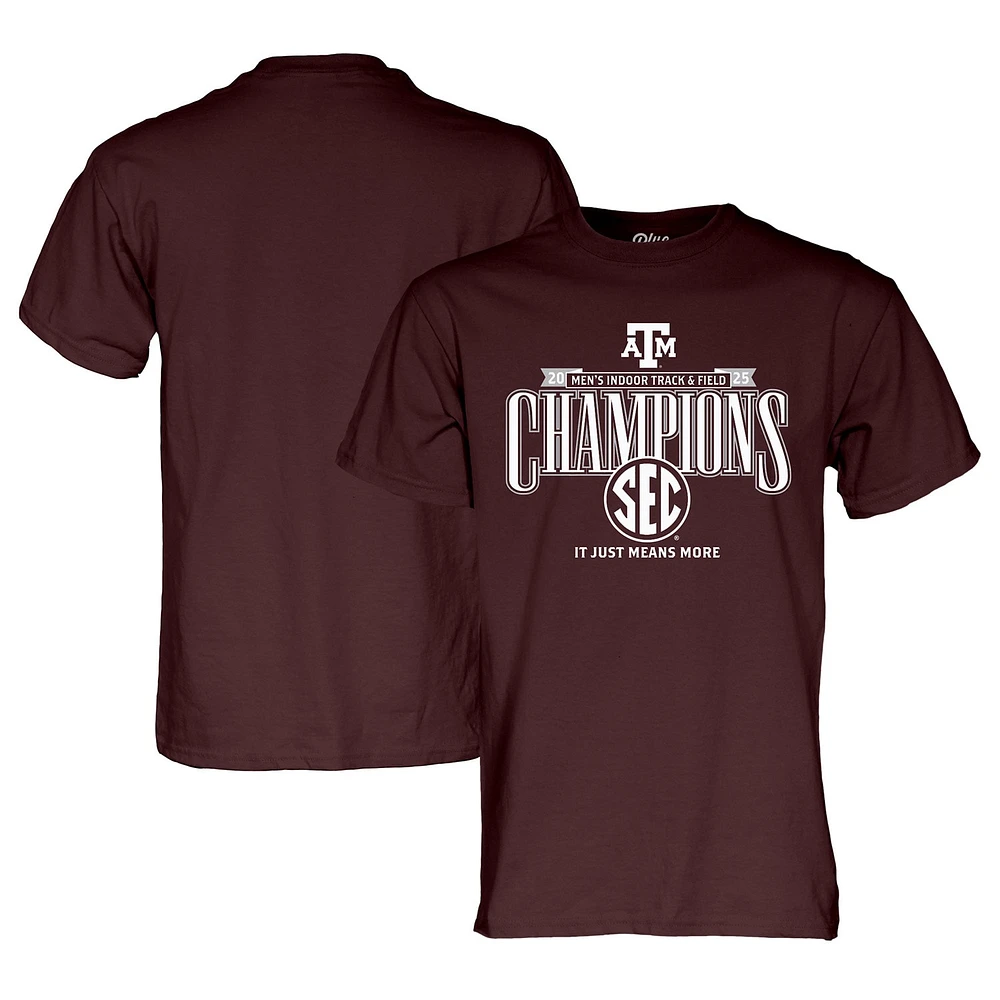 T-shirt unisexe bleu 84 marron Texas A&M Aggies 2025 SEC pour hommes Champions d'athlétisme en salle vestiaires