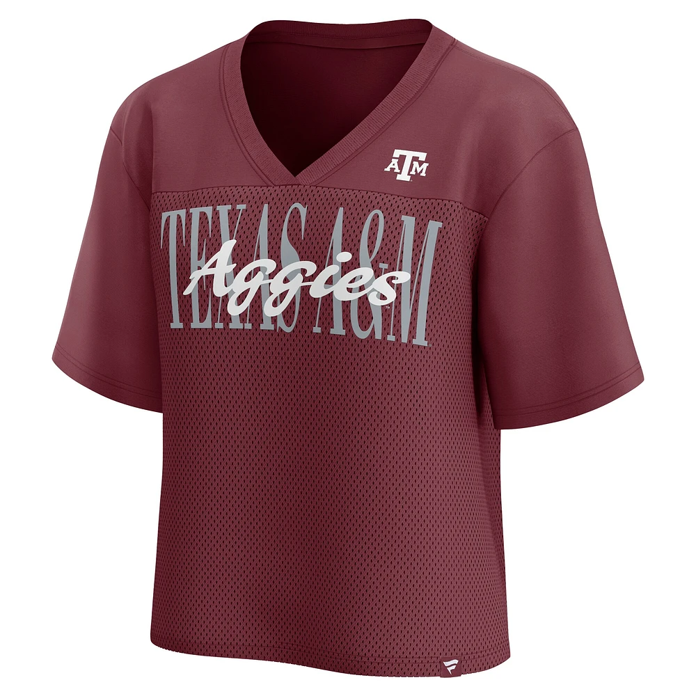 Haut tendance à col en V avec superposition de scripts maille pour femmes Fanatics Maroon Texas A&M Aggies