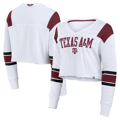 Haut court à manches longues et col en V pour femme Fanatics White Texas A&M Aggies Training Camp