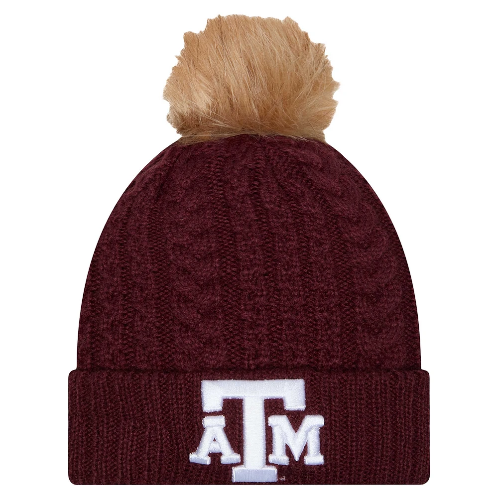 Bonnet en tricot à revers de luxe avec pompon Texas A&M Aggies de New Era pour femme, marron