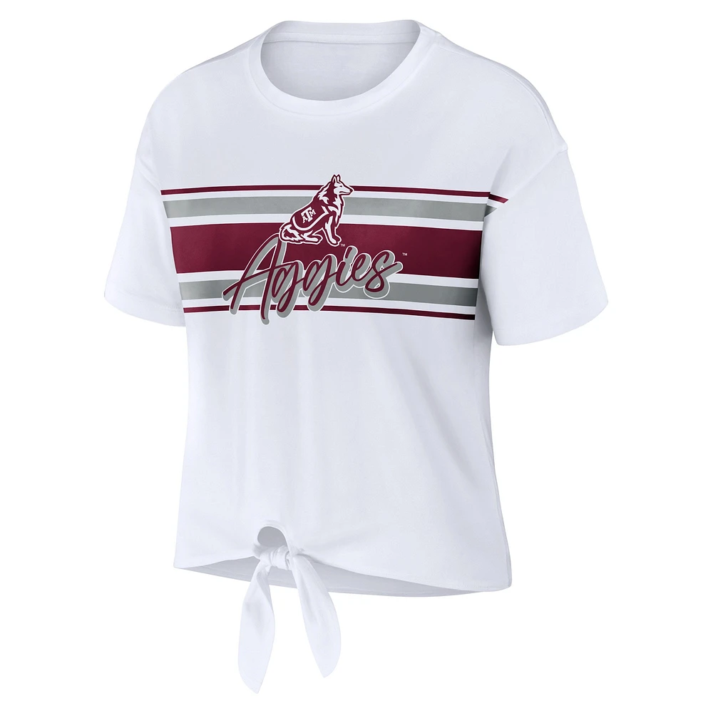 Women's WEAR by Erin Andrews White Texas A&M Aggies Striped Front Knot Cropped T-Shirt