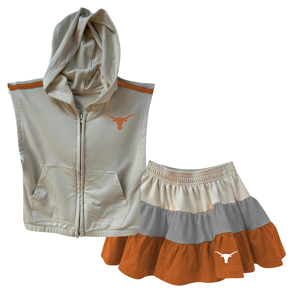 Girls Toddler Wes & Willy Tan Texas Longhorns Tri-Blend Sleeveless Full-Zip Hoodie Tiered Skirt Set