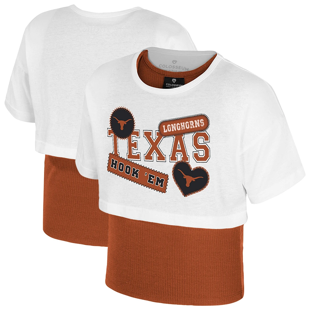 Girl's Youth Colosseum  White Texas Longhorns Gale Cropped 2Fer Top
