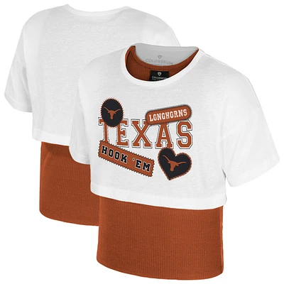 Girl's Youth Colosseum  White Texas Longhorns Gale Cropped 2Fer Top