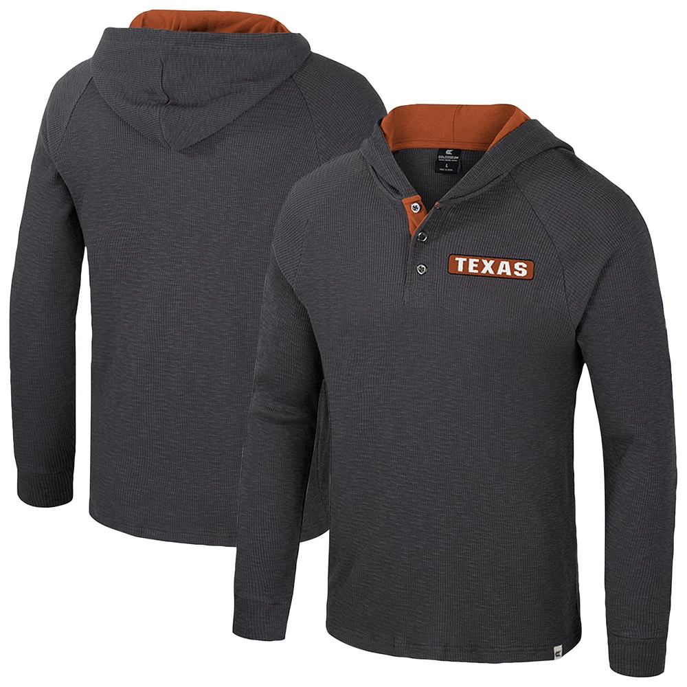 T-shirt à capuche manches longues Henley pour homme Colosseum Charcoal Texas Longhorns Dujour Ralgan