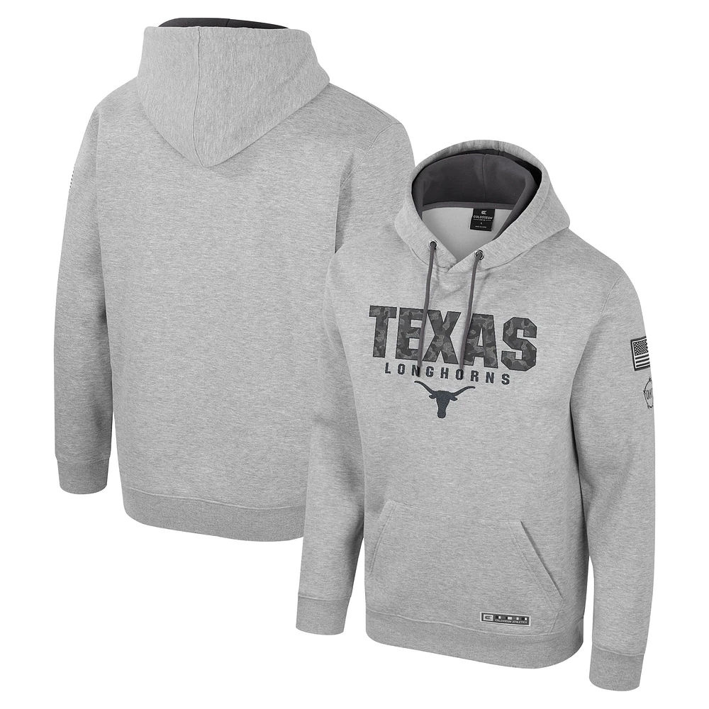 Sweat à capuche imprimé militaire Oorah OHT pour homme Colosseum Heather Grey Texas Longhorns