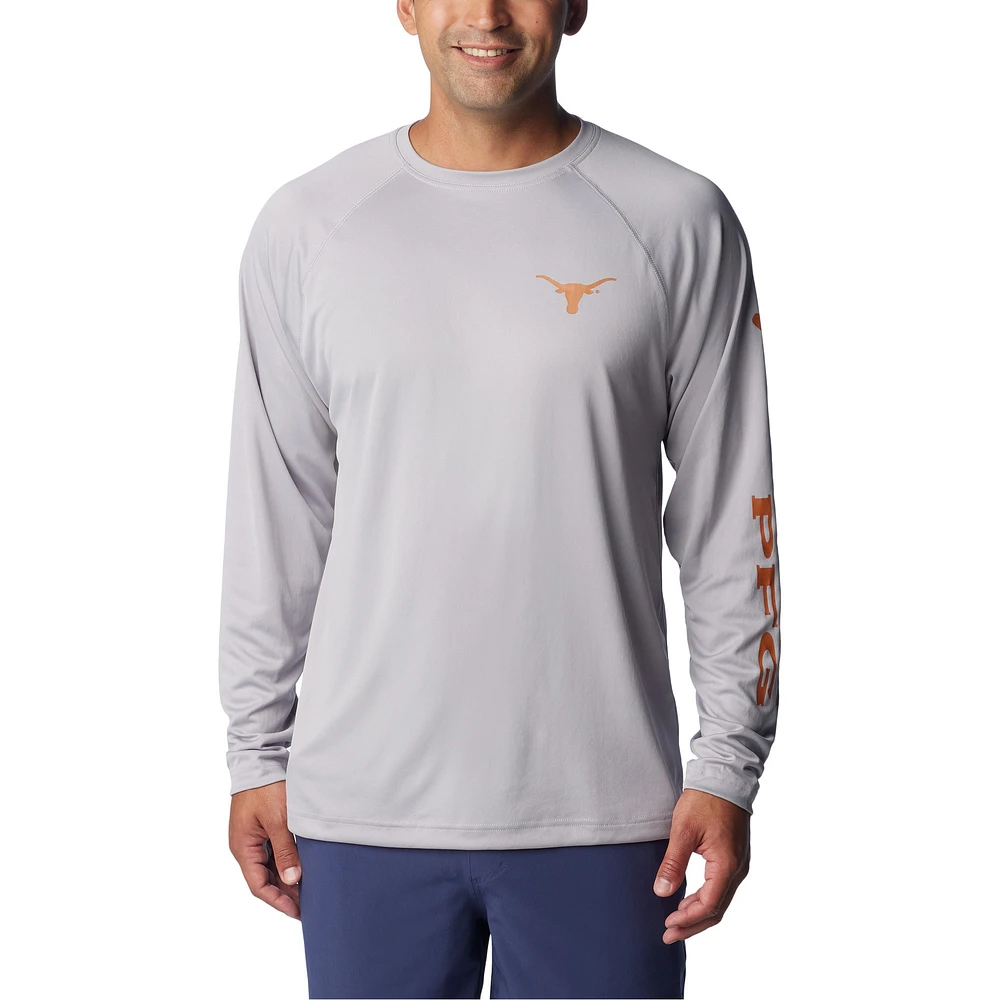 Men's Columbia Gray Texas Longhorns Terminal Tackle Omni-Shade Raglan Long Sleeve T-Shirt