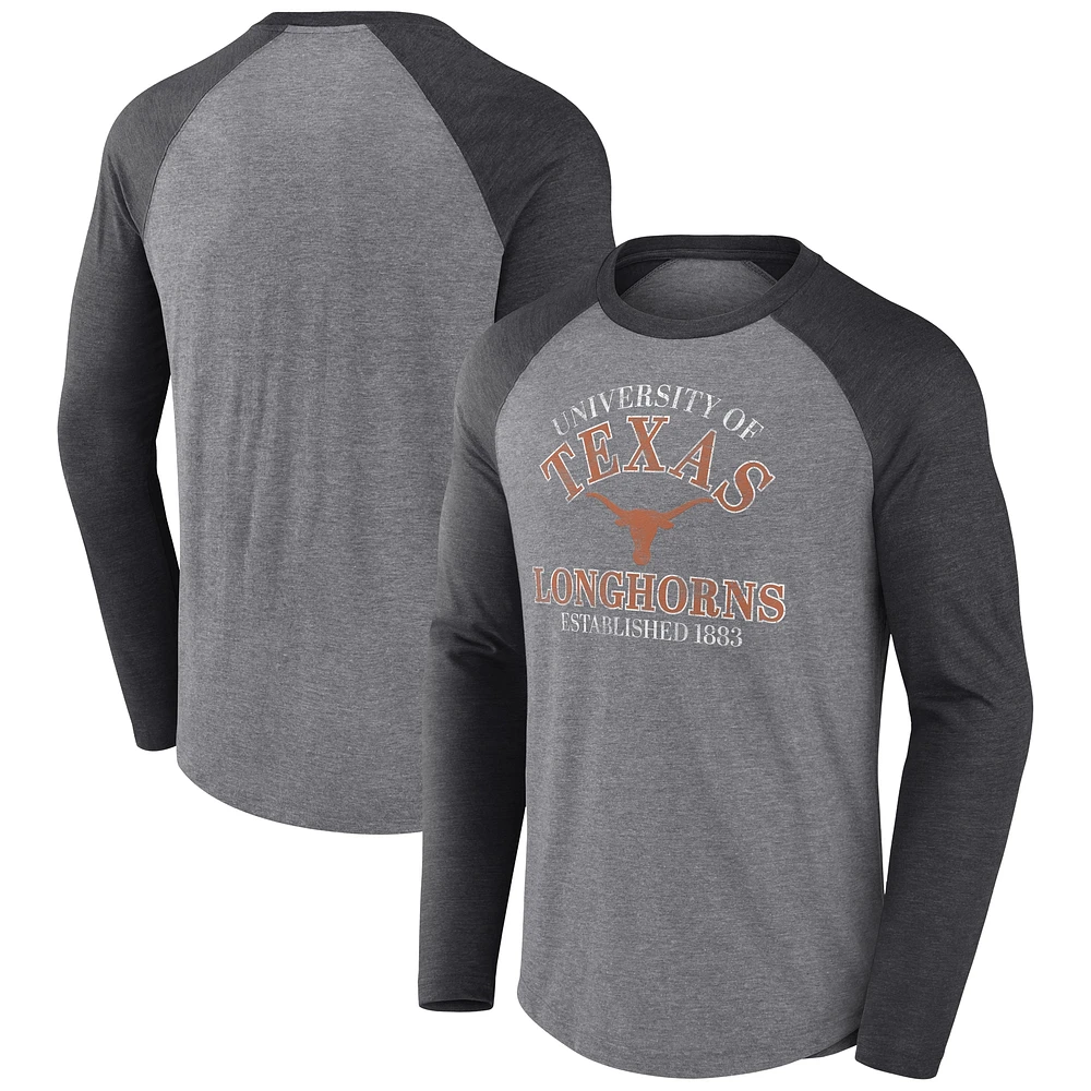 Men's Fanatics Heather Gray/Heather Charcoal Texas Longhorns Double Overlay Tri-Blend Raglan Long Sleeve T-Shirt