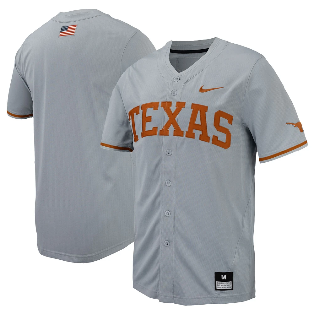 Maillot de baseball Nike Texas Longhorns Replica pour homme, gris, boutonné sur toute la longueur