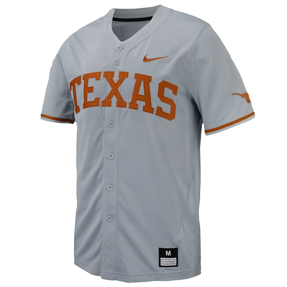 Maillot de baseball Nike Texas Longhorns Replica pour homme, gris, boutonné sur toute la longueur