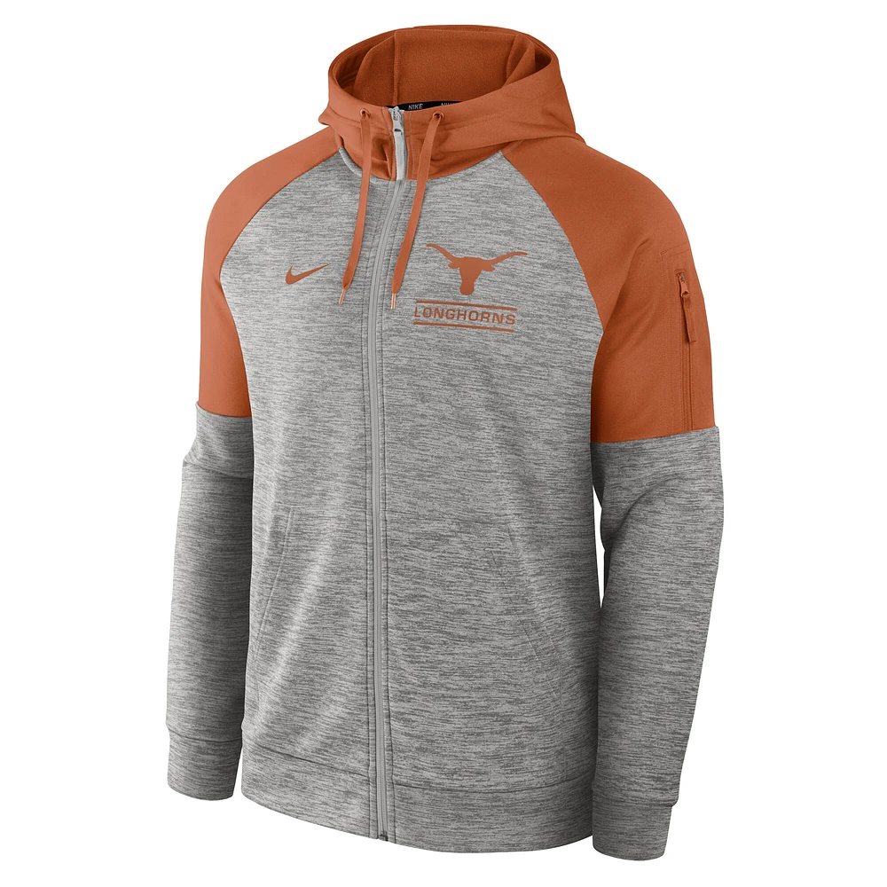 Sweat à capuche zippé Nike Heather Grey Texas Longhorns Fitness Raglan Performance pour homme