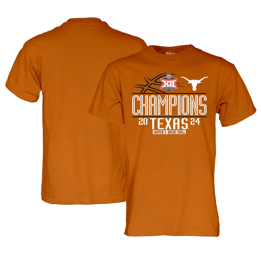 T-Shirt unisexe bleu 84 Texas Orange Longhorns 2024 Big 12, tournoi de conférence basket-ball féminin, Champions des vestiaires