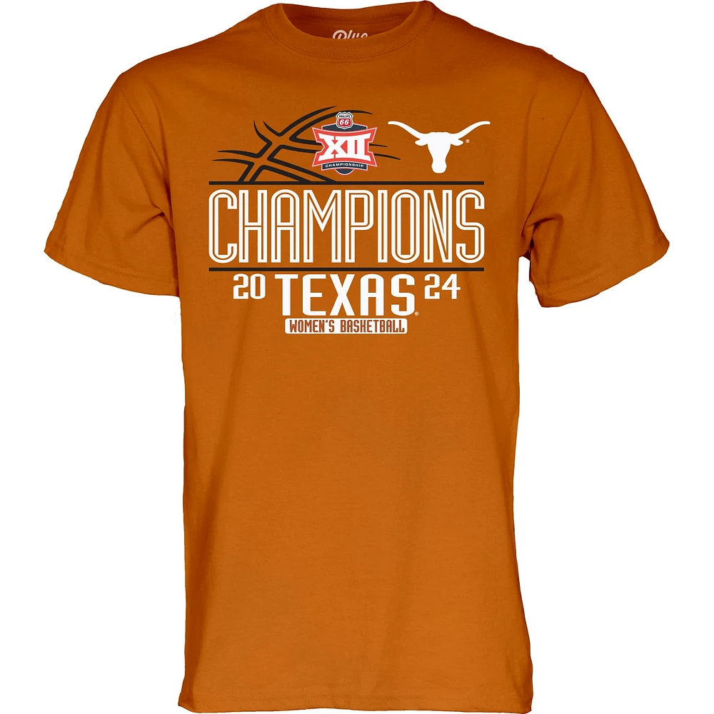 T-Shirt unisexe bleu 84 Texas Orange Longhorns 2024 Big 12, tournoi de conférence basket-ball féminin, Champions des vestiaires