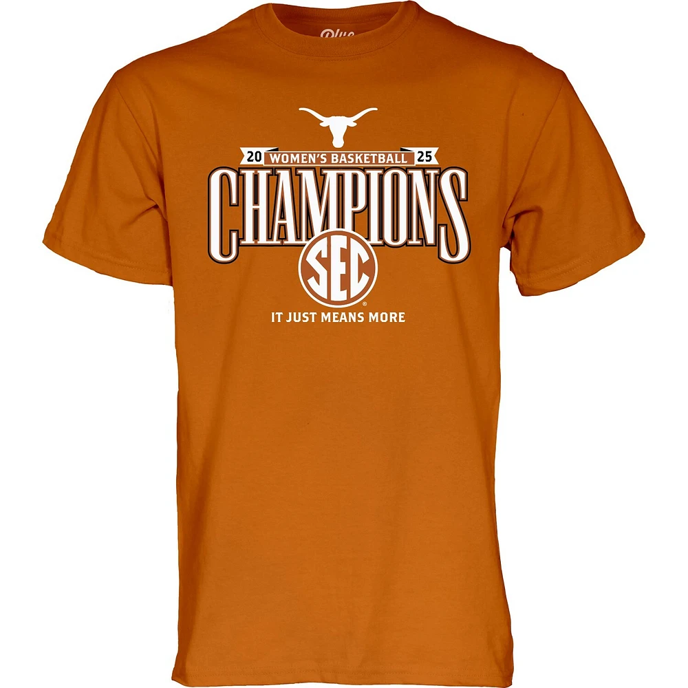 T-shirt unisexe bleu 84 Texas Orange Longhorns 2025 SEC Champions de la saison régulière basket-ball féminin pour vestiaire