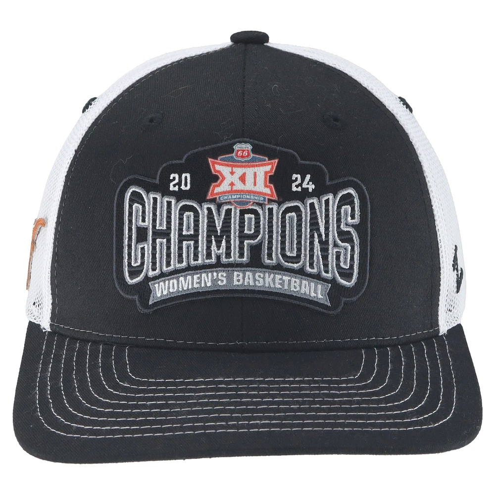 Casquette de camionneur réglable unisexe Zephyr Black Texas Longhorns 2024 Big 12 Champions du tournoi de conférence de basket-ball féminin Vestiaire