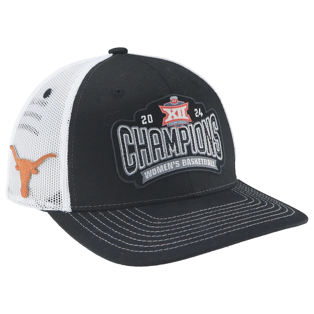 Casquette de camionneur réglable unisexe Zephyr Black Texas Longhorns 2024 Big 12 Champions du tournoi de conférence de basket-ball féminin Vestiaire