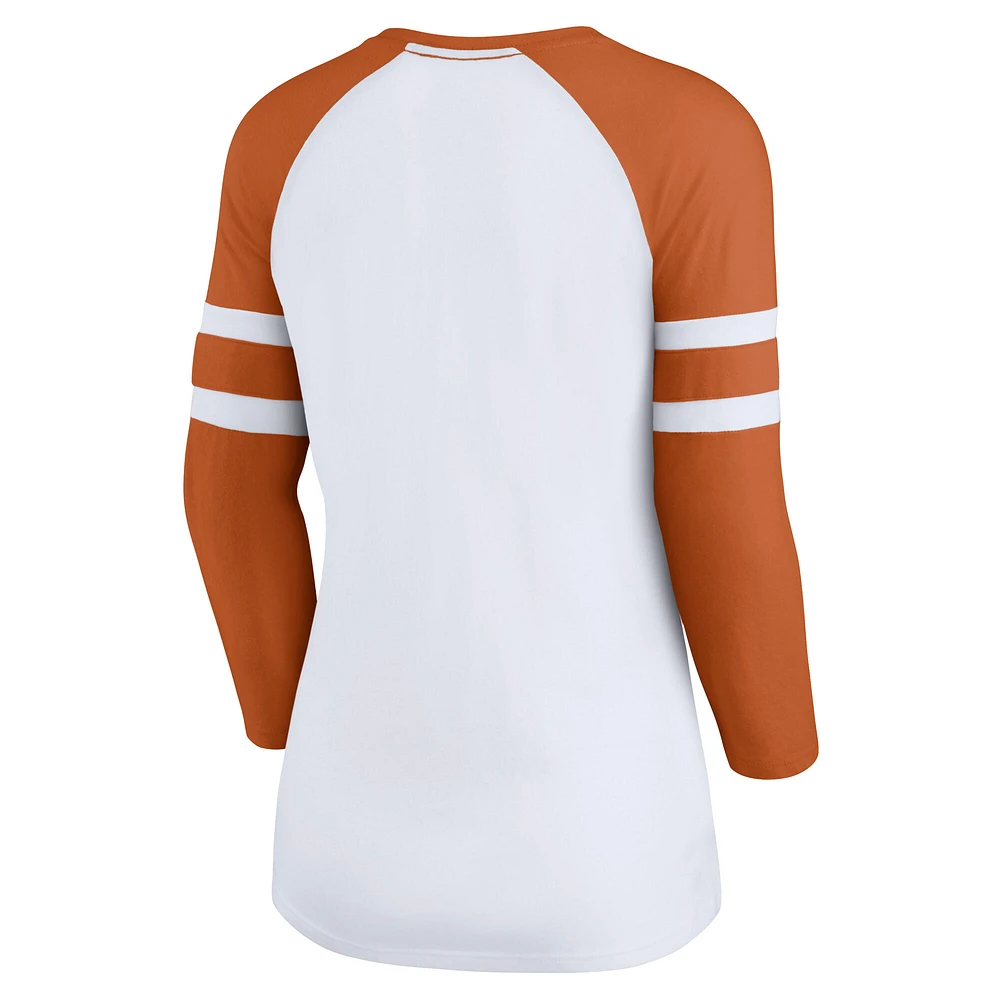 Women's Fanatics  White Texas Longhorns Block Party Notch Neck Raglan 3/4 Sleeve Top