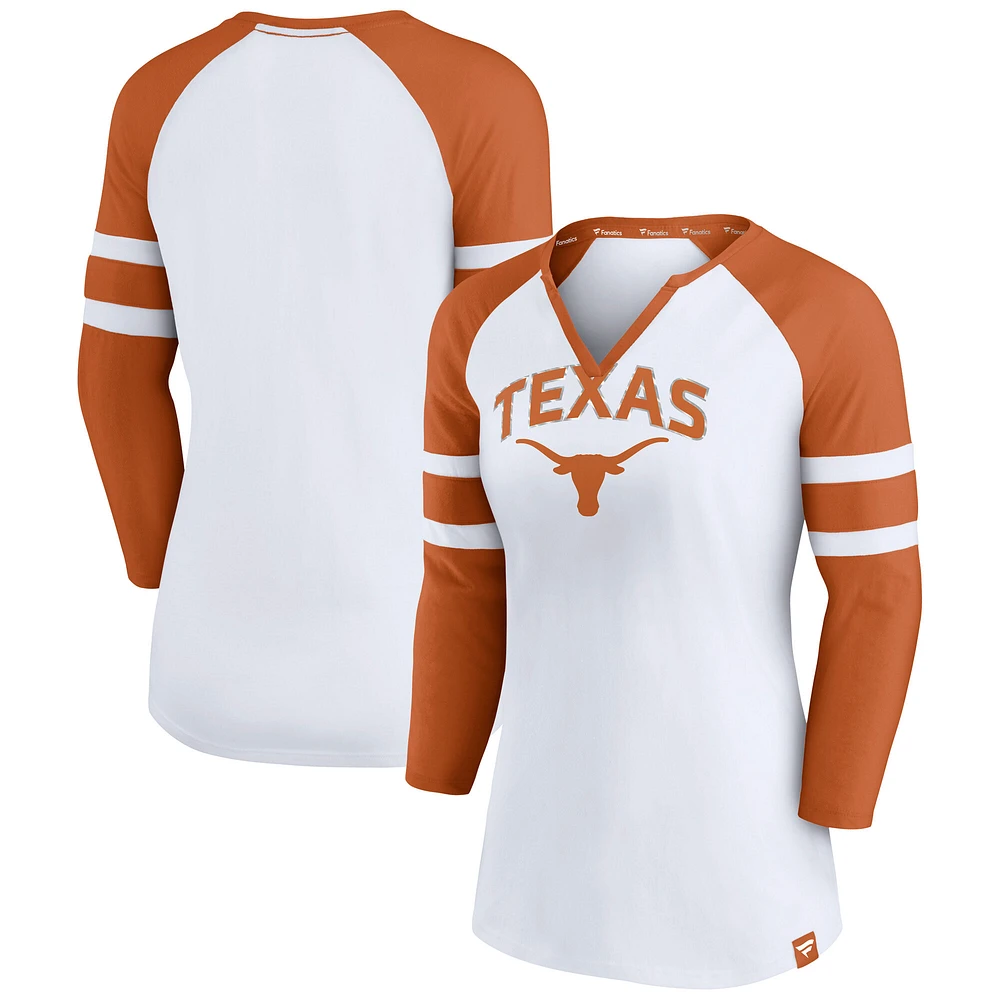 Women's Fanatics White Texas Longhorns Block Party Notch Neck Raglan 3/4 Sleeve Top