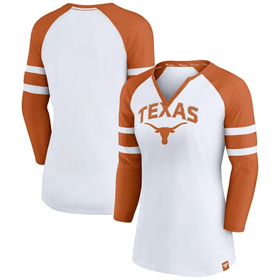 Women's Fanatics  White Texas Longhorns Block Party Notch Neck Raglan 3/4 Sleeve Top