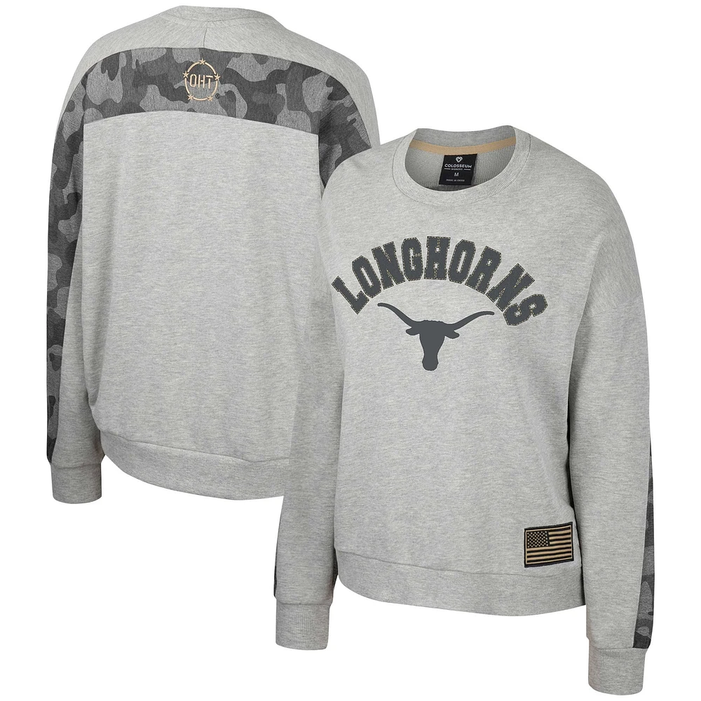 Women's Colosseum Heather Gray Texas Longhorns OHT Military Appreciation Flag Rank Dolman Pullover Sweatshirt