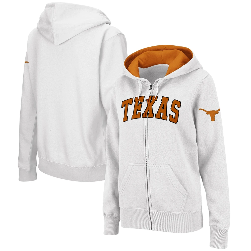 Sweat à capuche entièrement zippé Colosseum White Texas Longhorns pour femmes avec nom arqué