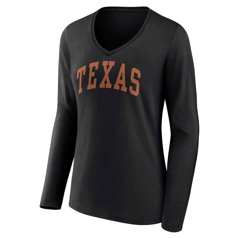 T-shirt noir à manches longues et col en V Fanatics pour femmes Texas Longhorns Basic Arch