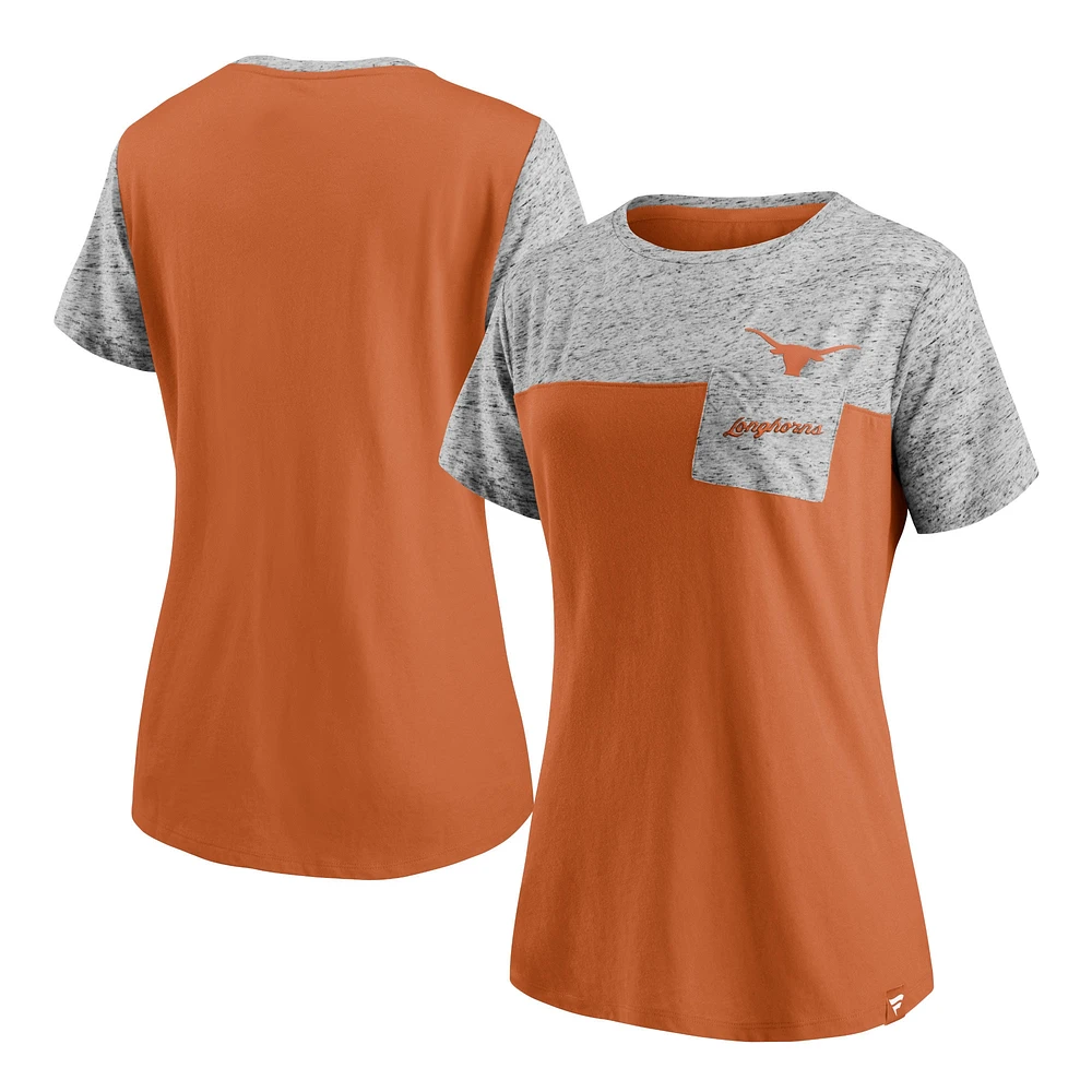 T-shirt à poche intérieure Fanatics pour femme, orange brûlé/gris chiné, Texas Longhorns