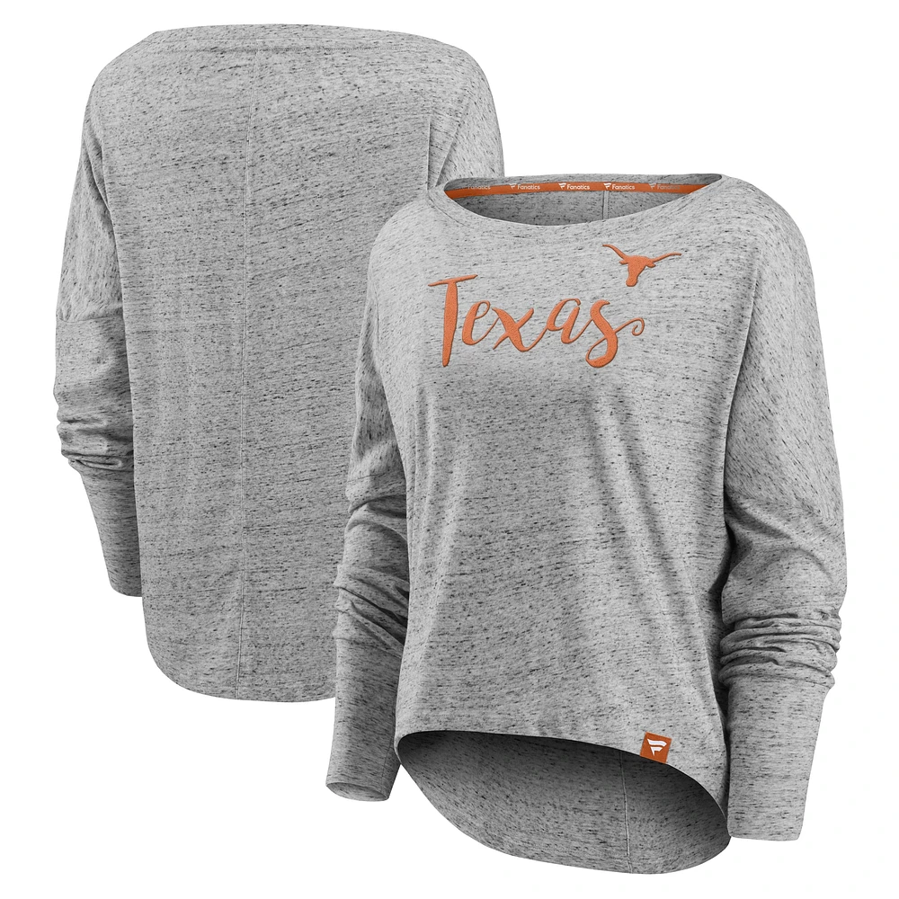 T-shirt à manches longues et col bateau emblématique des Texas Longhorns Fanatics pour femmes, gris moucheté