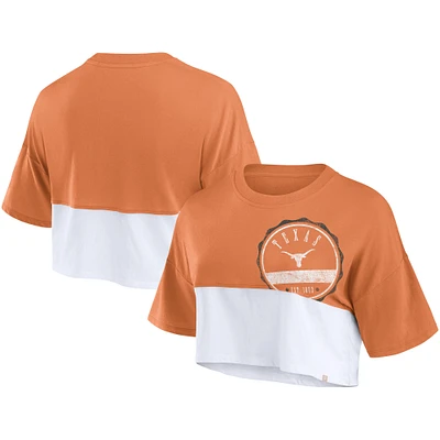 T-shirt court surdimensionné à badge color block Fanatics Texas orange/blanc Longhorns pour femmes