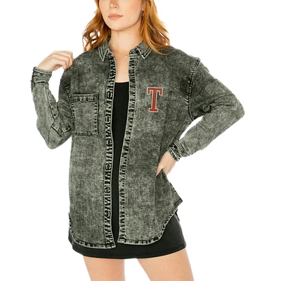 Veste en jean surdimensionnée boutonnée à trois mélanges multi-coups Gameday Couture Charcoal Texas Longhorns pour femmes