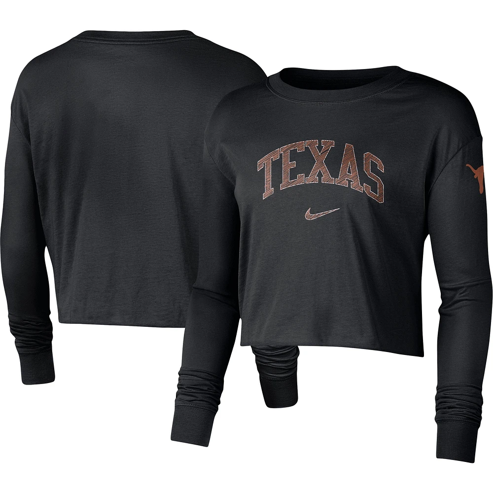 T-shirt court à manches longues avec logo Nike Texas Longhorns 2-Hit pour femme, noir