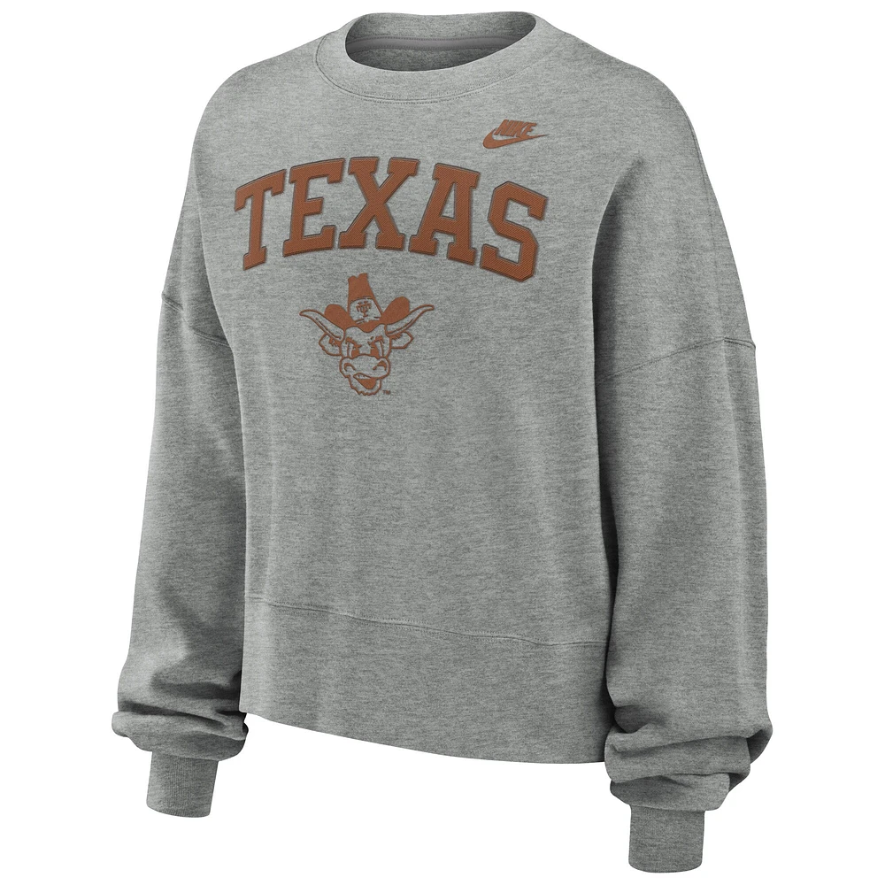 Sweat-shirt en molleton surdimensionné à col rond et manches longues pour femme Nike Heather Grey Texas Longhorns Legacy Fleece Classic Arch