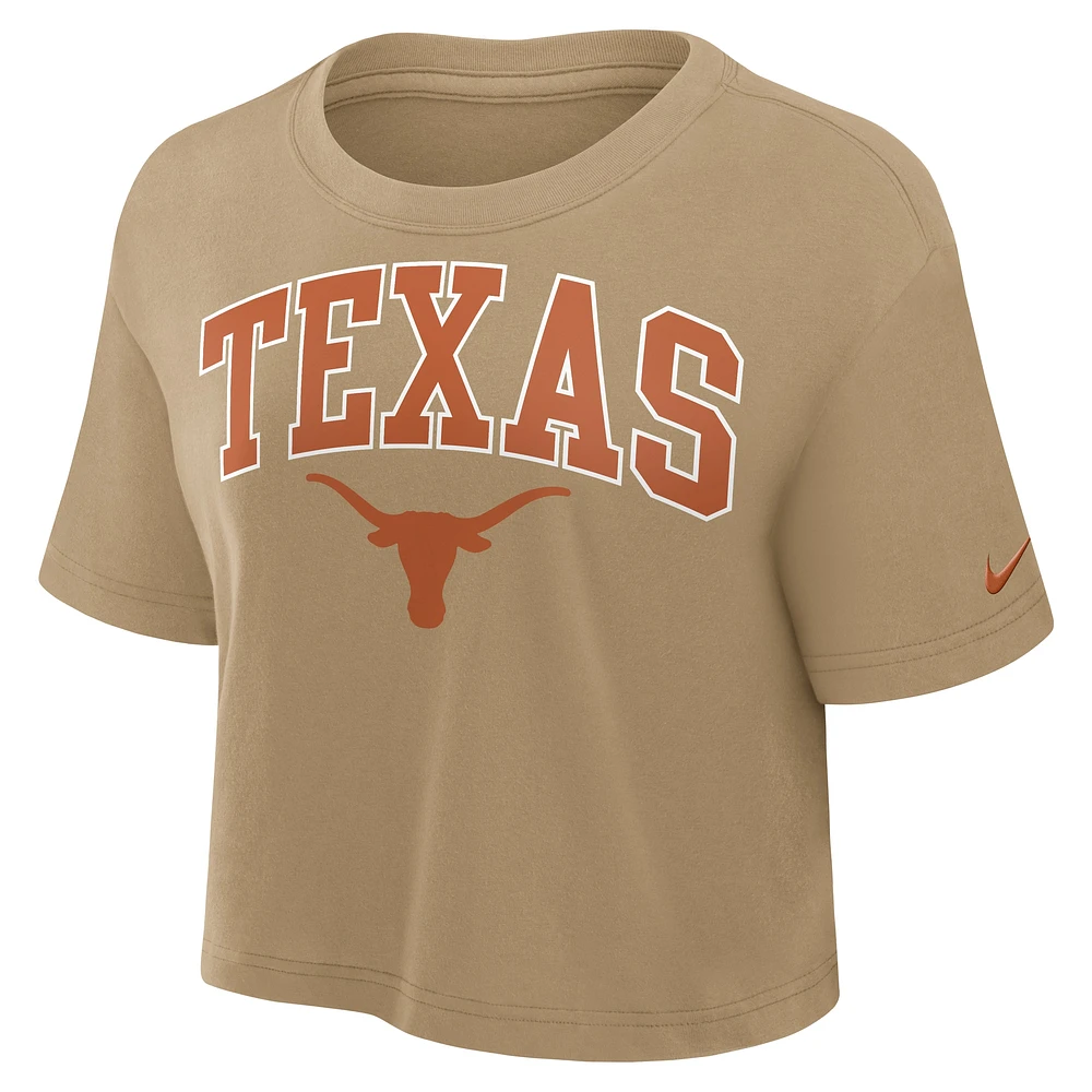 Women's Nike Tan Texas Longhorns Power Pursuit Athletic Prep Arch Performance Cropped T-Shirt