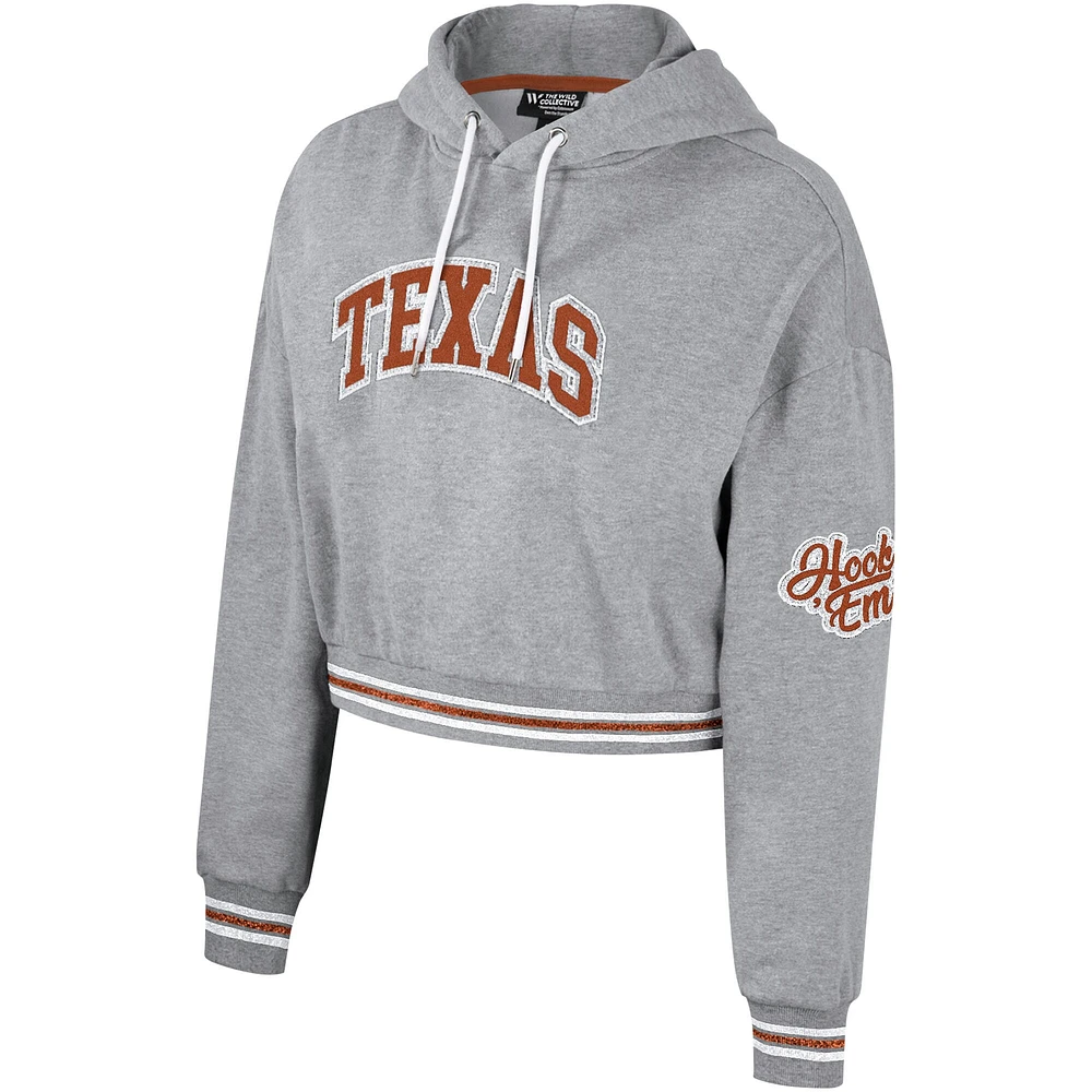 Sweat à capuche court scintillant pour femmes The Wild Collective Heather Grey Texas Longhorns