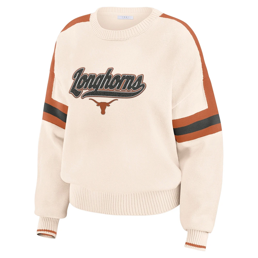 Women's WEAR by Erin Andrews  Cream Texas Longhorns Chenille Woven Patch Stripe Pullover Sweater