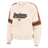 Women's WEAR by Erin Andrews  Cream Texas Longhorns Chenille Woven Patch Stripe Pullover Sweater