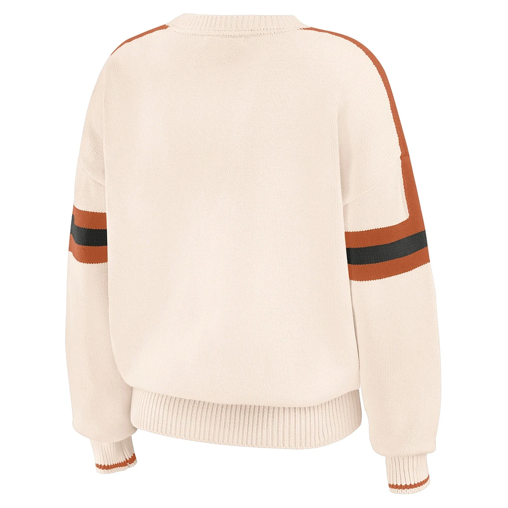 Women's WEAR by Erin Andrews  Cream Texas Longhorns Chenille Woven Patch Stripe Pullover Sweater