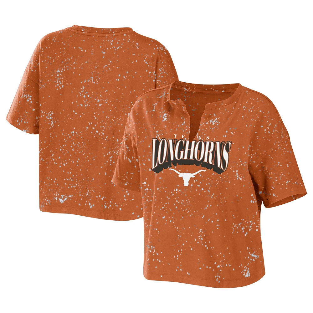 Women's WEAR by Erin Andrews Texas Orange Longhorns Bleach Wash Splatter Cropped Notch Neck T-Shirt