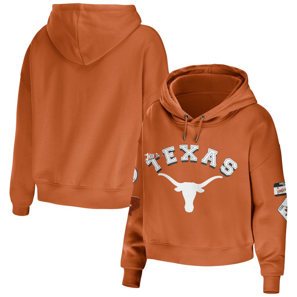 Women's WEAR by Erin Andrews Texas Orange Longhorns Mixed Media Cropped Pullover Hoodie