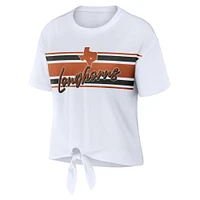 Women's WEAR by Erin Andrews White Texas Longhorns Striped Front Knot Cropped T-Shirt