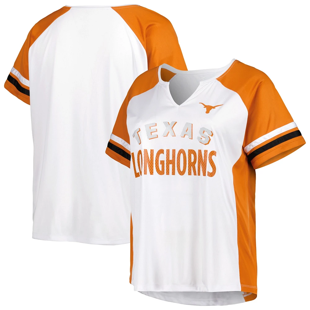 Women's White Texas Longhorns Plus Stripe Raglan Notch Neck T-Shirt