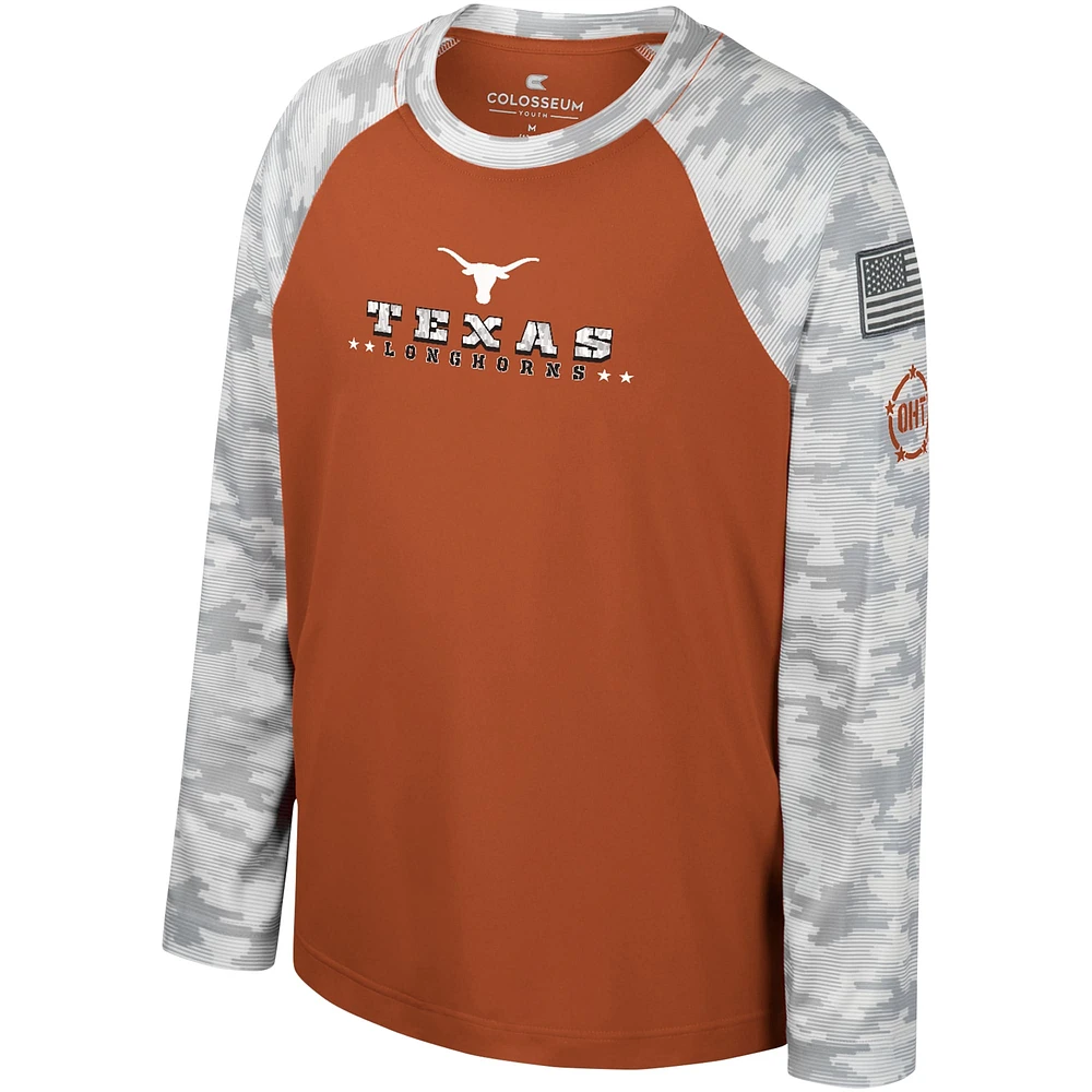 Youth Colosseum Burnt Orange/Camo Texas Longhorns OHT Military Appreciation Dark Star Raglan Long Sleeve T-Shirt