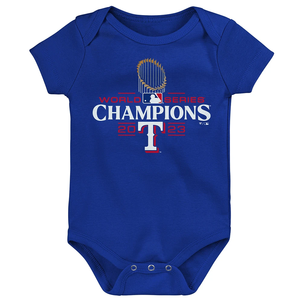 T-shirt officiel pour bébé avec logo des champions de la série mondiale 2023 Royal Texas Rangers