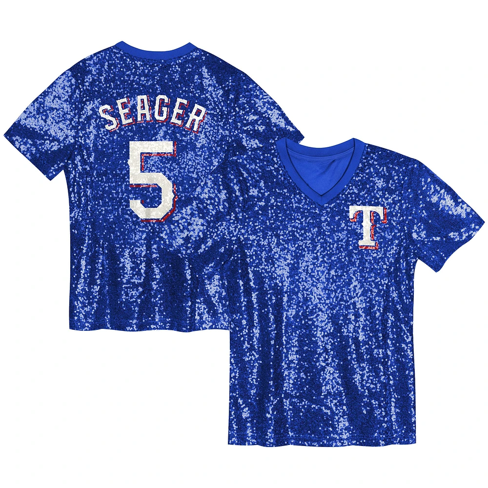 Juniors Corey Seager Royal Texas Rangers Name & Number Sequin V-Neck Top