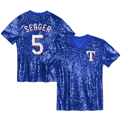 Haut à col en V sequins avec nom et numéro Corey Seager Royal Texas Rangers pour juniors