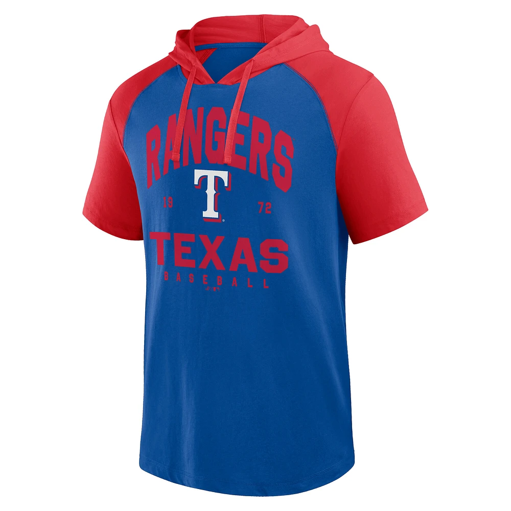 T-shirt à capuche manches courtes raglan Fanatics Royal Texas Rangers Prime pour hommes