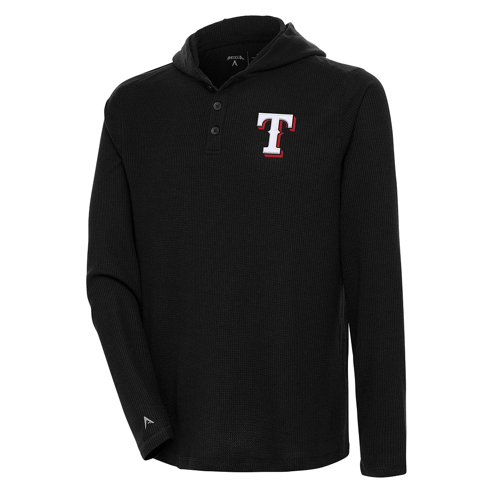Men's Antigua Black Texas Rangers Strong Hold Long Sleeve Henley Hoodie T-Shirt