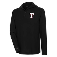 Men's Antigua  Black Texas Rangers Strong Hold Long Sleeve Henley Hoodie T-Shirt