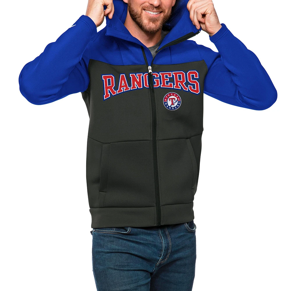 Sweat à capuche zippé intégral Texas Rangers Wordmark Protect Antigua Royal/Charcoal pour homme