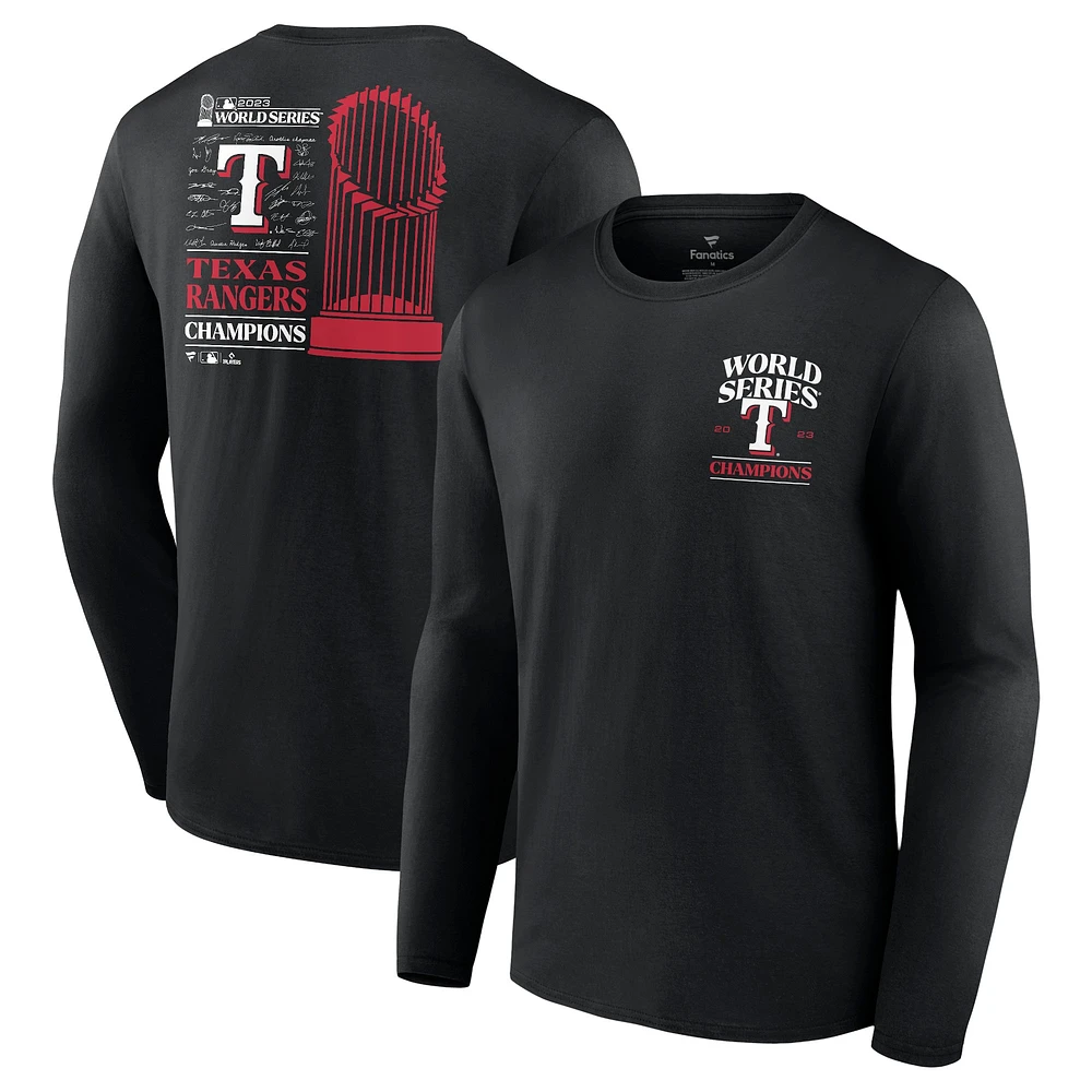 T-shirt à manches longues noir pour homme Texas Rangers Champions de la série mondiale 2023 Signature Roster